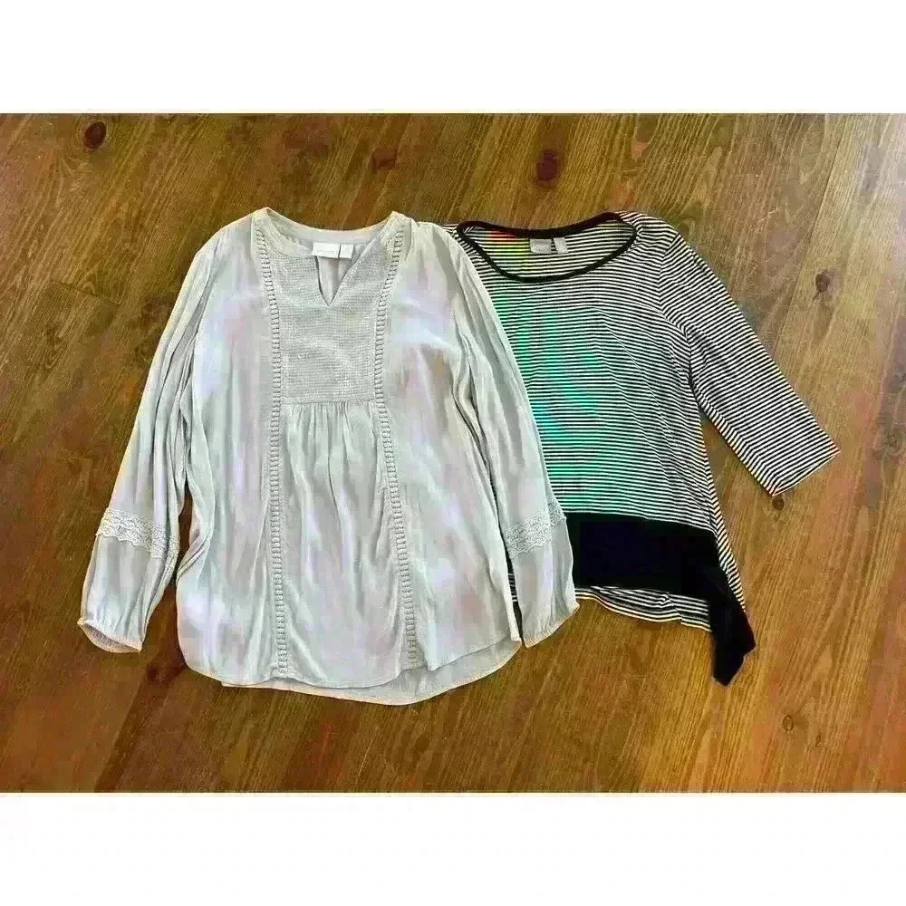 Chico's Bundle (2) Sequined Peasant Tunic and Striped Soft Tunic, sz 2 (L)